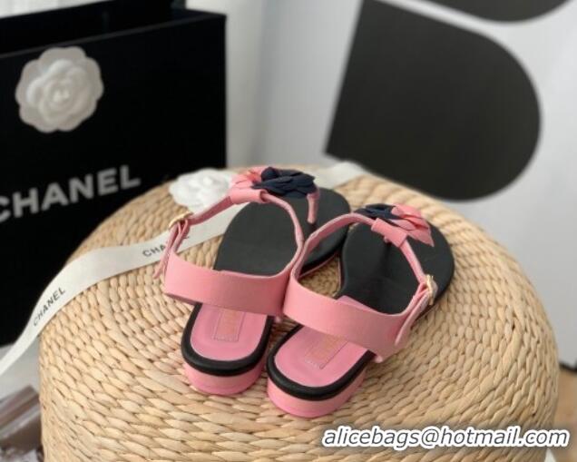 Hot Style Chanel Grosgrain Camellia Bloom Flat Thong Sandals Pink/Black 052035