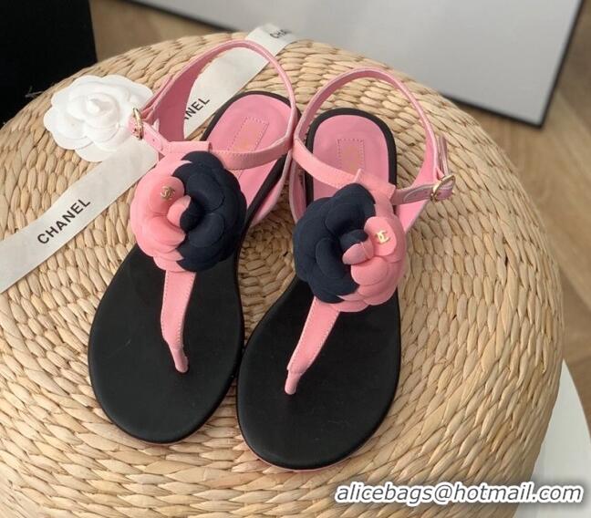 Hot Style Chanel Grosgrain Camellia Bloom Flat Thong Sandals Pink/Black 052035