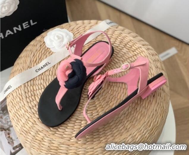 Hot Style Chanel Grosgrain Camellia Bloom Flat Thong Sandals Pink/Black 052035