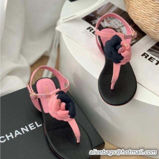 Hot Style Chanel Grosgrain Camellia Bloom Flat Thong Sandals Pink/Black 052035