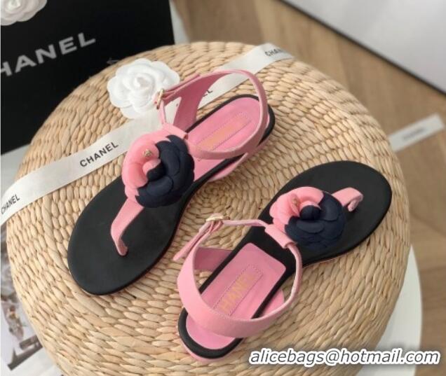 Hot Style Chanel Grosgrain Camellia Bloom Flat Thong Sandals Pink/Black 052035