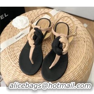 Stylish Chanel Grosgrain Camellia Bloom Flat Thong Sandals Beige/Black 052036