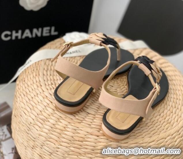 Stylish Chanel Grosgrain Camellia Bloom Flat Thong Sandals Beige/Black 052036