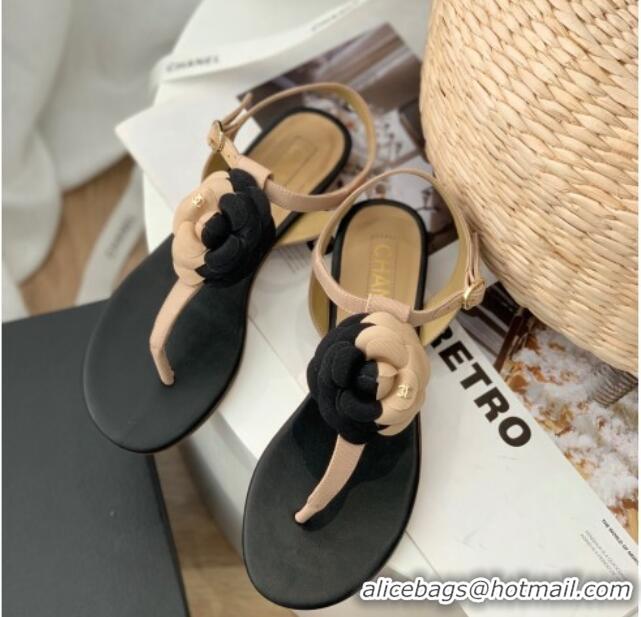 Stylish Chanel Grosgrain Camellia Bloom Flat Thong Sandals Beige/Black 052036