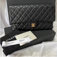 Top Grade Chanel Clutch Bag Black Sheepskin Leather 7013 Gold