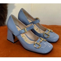 Classic Hot Gucci Patent Leather Mid-heel Mary Janes Pumps with Horsebit 7cm Blue 052327