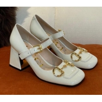 Grade Quality Gucci Patent Leather Mid-heel Mary Janes Pumps with Horsebit 7cm White 052328