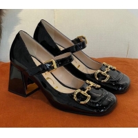 Hot Style Gucci Patent Leather Mid-heel Mary Janes Pumps with Horsebit 7cm 052328 Black