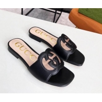 Stylish Gucci Leather Flat Slide Sandals with Interlocking G Cut-out 052521 Black