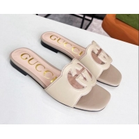 Luxury Gucci Leather Flat Slide Sandals with Interlocking G Cut-out 2052521 Grey 