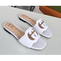 Perfect Gucci Leather Flat Slide Sandals with Interlocking G Cut-out 2052521 White