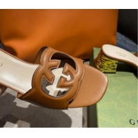 Luxury Gucci Leather Heel Slide Sandals 5.5cm with Interlocking G Cut-out 2052606 Brown