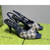 Best Grade Gucci Crystal GG Canvas Mid-heel Sandals Beige/Navy Blue 621115