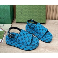 Luxury Gucci GG Canvas Platform Sandals 5.5cm with Buckle Back Strap Sky Blue 062204