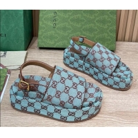 Hot Style Gucci GG Canvas Platform Sandals 5.5cm with Buckle Back Strap Light Blue 062206