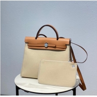 Popular Style Hermes Herbag 31CM Original Canvas Leather & Calfskin 48887 Offwhite&Camel