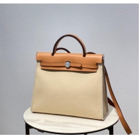 Popular Style Hermes Herbag 31CM Original Canvas Leather & Calfskin 48887 Offwhite&Camel