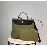 Affordable Price Hermes Herbag 31CM Original Canvas Leather & Calfskin 48887 green&brown