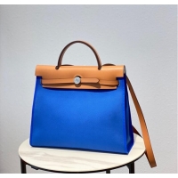 Classic Grade Hermes Herbag 31CM Original Canvas Leather & Calfskin 48887 blue&brown