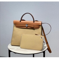 Top Design Hermes Herbag 31CM Original Canvas Leather & Calfskin 48887 Cream&brown