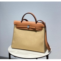 Top Design Hermes Herbag 31CM Original Canvas Leather & Calfskin 48887 Cream&brown