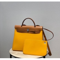 Promotional Hermes Herbag 31CM Original Canvas Leather & Calfskin 48887 light yellow&brown