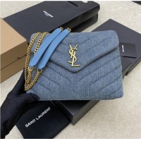 Buy Grade SAINT LAURENT PUFFER SMALL CHAIN BAG IN DENIM AND SMOOTH LEATHER 392277 BLUE