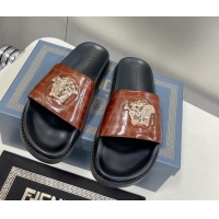 Discount Versace x Fendi Fendace Flat Slide Sandals Brown 062184