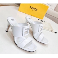 Lower Price Fendi Calfskin Signature High Heel Slide Sandals White 062195