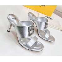 Durable Fendi Calfskin Signature High Heel Slide Sandals Silver 062196