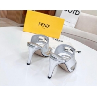 Durable Fendi Calfskin Signature High Heel Slide Sandals Silver 062196