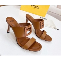 Low Price Fendi Calfskin Signature High Heel Slide Sandals Brown 2062199