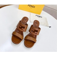 Low Price Fendi Calfskin Signature High Heel Slide Sandals Brown 2062199