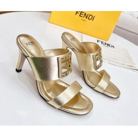 Best Grade Fendi Calfskin Signature High Heel Slide Sandals Gold 0621100