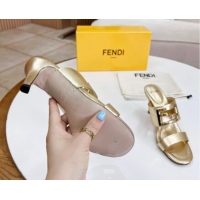 Best Grade Fendi Calfskin Signature High Heel Slide Sandals Gold 0621100