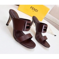 Good Quality Fendi Calfskin Signature High Heel Slide Sandals 0621101