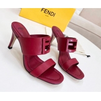 Classic Hot Fendi Calfskin Signature High Heel Slide Sandals Red 621102