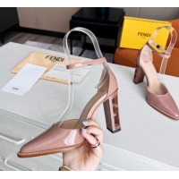 Stylish Fendi Shiny Leather High Heel Pumps with Ankle Strap Pink 621103