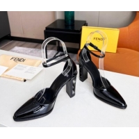 Perfect  Fendi Shiny Leather High Heel Pumps with Ankle Strap 621103 Black