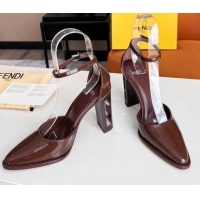 Pretty Style Fendi Shiny Leather High Heel Pumps with Ankle Strap 621103 Brown