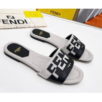 Low Cost Fendi Signature Flat Slide Sandals in Grey Canvas and Leather Black 070496