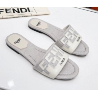 Best Grade Fendi Signature Flat Slide Sandals in Grey Canvas and Leather White 070497