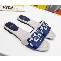 Crafted Fendi Signature Flat Slide Sandals in Grey Canvas and Leather Blue 070499