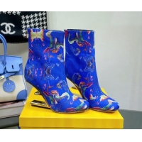 Good Quality Fendi First Heel 8cm Ankle Boots in Print Fabric Blue 072029