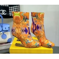 Top Grade Fendi First Heel 8cm Ankle Boots in Print Fabric Orange 072031