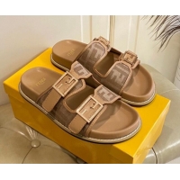 Most Popular Fendi Feel Flat Slide Sandals in Camel Brown FF Fabric 072036