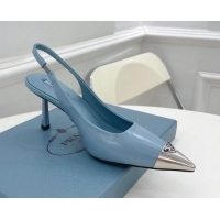 Hot Style Prada Brush Leather Slingback Pumps 7.5cm with Metal Logo Blue 2052397