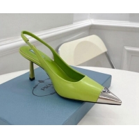 Classic Hot Prada Brush Leather Slingback Pumps 7.5cm with Metal Logo Green 052398