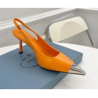 Unique Style Prada Brush Leather Slingback Pumps 7.5cm with Metal Logo Orange 052399