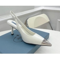 Grade Quality Prada Brush Leather Slingback Pumps 7.5cm with Metal Logo White 0523101